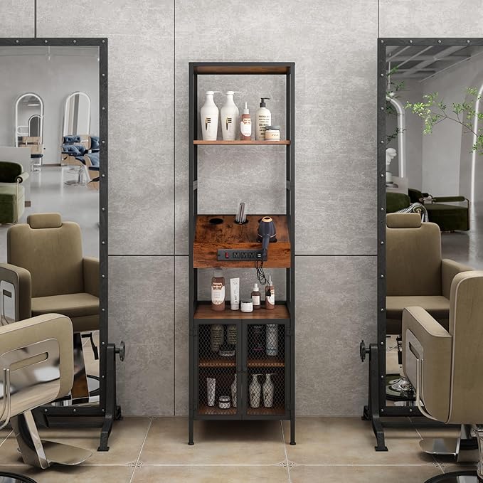 Industrial Salon Station for Hair Stylist, Beauty Spa Shelf and Storage Cabinet with Dryer Hole, 7 Tool Holders, Power Outlets, Styling Equipment for Barber Bathroom, 70.8" H, Rustic Brown