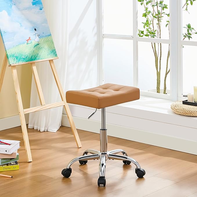 Rolling Stool Adjustable Height (300lbs Capacity) (Sturdy Base) Multifunctional Nail Tattoo Vanity Massage Stool (Camel Brown)