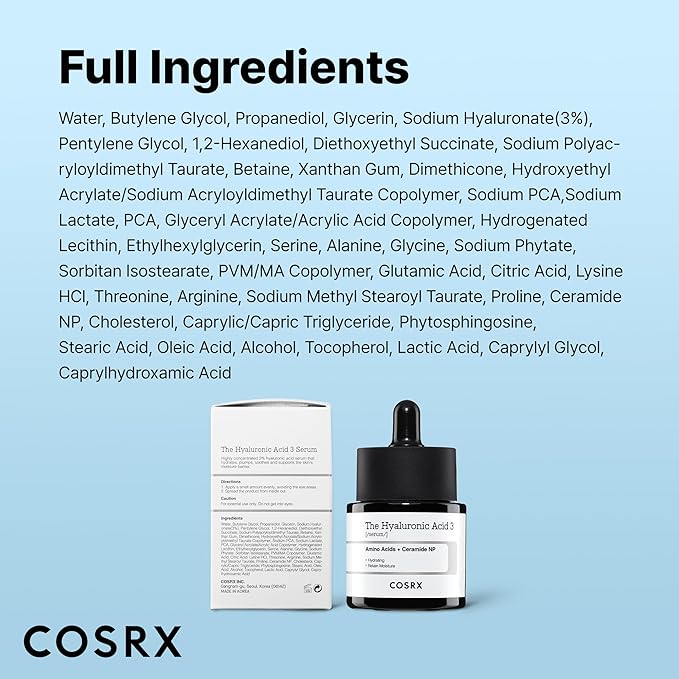 COSRX Pure Sodium Hyaluronic Acid 3% Serum, Hydratying & Moisture Boosting for Fine Lines & Wrinkles, Repair Dry Skin, 0.67fl.oz/20ml, No Artificial Fragrance, Korean Skin Care, Stocking Stuffers