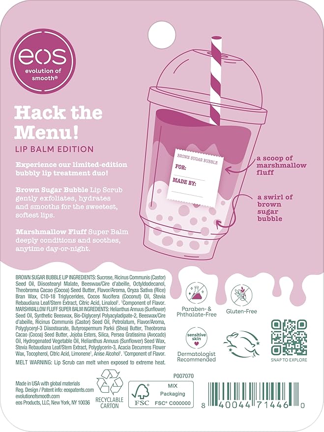 eos Flavor Lab Secret Menu Gift Set - Brown Sugar Boba Lip Scrub & 24H Moisture Super Balm, Limited-Edition Lip Treatment, Nourishing, 2-Pack