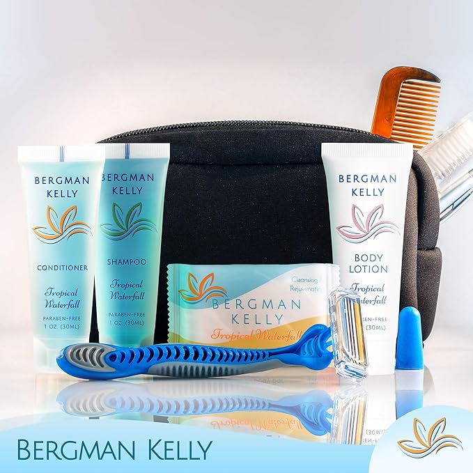 Bergman Kelly - Hotel Toiletries Bundle - Tropical Waterfall, 1 oz each, 100 Pcs - 4-Piece Set: 25 Rectangular Bar Soap, 25 Shampoo, 25 Conditioner & 25 Body Lotion - Bulk Mini Guest Amenities Supply