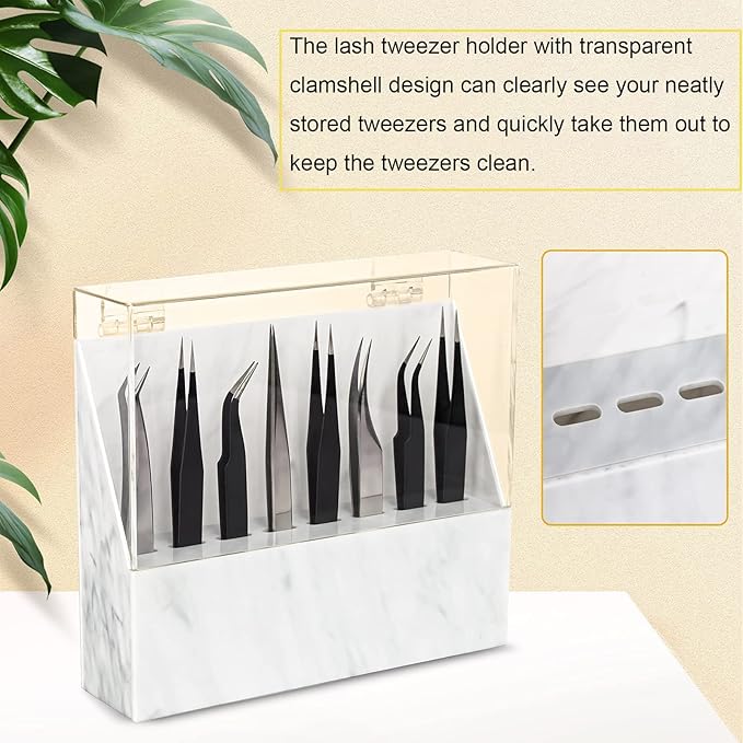 8 Holes Dust-proof Eyelash Tweezers Holder Case Acrylic Marble Tweezer Stand Display Organizer with Cover for Lash Extensions (white)