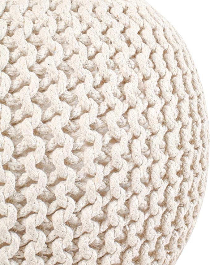 Palisa Round Pouf Ottoman - Ivory, Stuffed Boho Cable Knitted Foot Rest Stool for Couch, Living Room, Outdoor Patio Seat | Hand Woven Chair Pouffs for Kids Bedroom - 20x20x14 Inches
