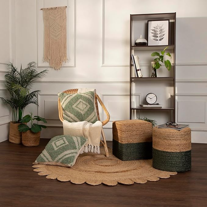 REDEARTH · Cube Pouf Foot Stool Ottoman - Jute Braided Pouffe Poof Accent Sitting Footrest for The Living Room, Bedroom, Nursery, Patio, Lounge & Other Rooms (14.5”x14.5”x16”; Natural Olive)