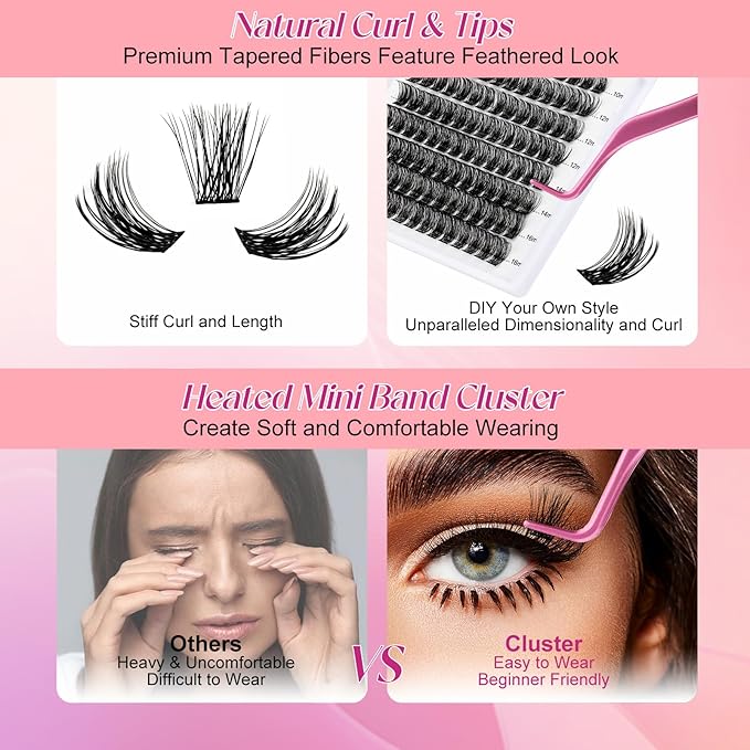 Lash Clusters DIY Eyelash Extensions 168 Clusters Lashes D Curl 0.07 Natural Individual Lash Extensions Mixed Tray False Eyelashes Soft & Strong Thin Band DIY at Home (F34-0.07D, 8-16mm)
