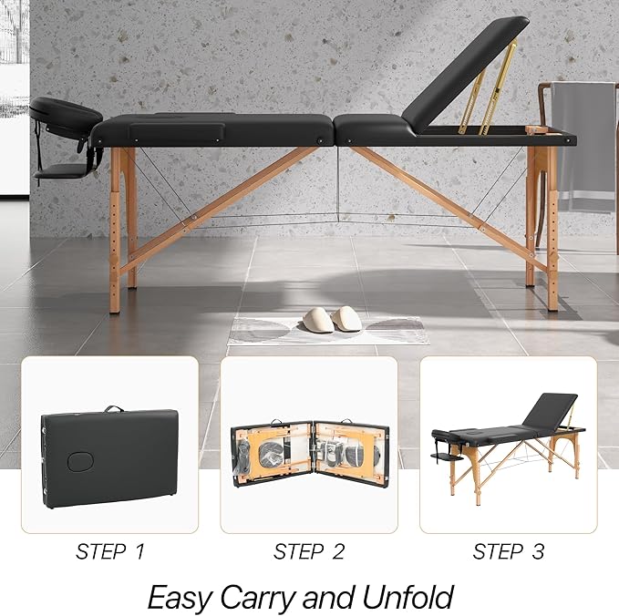 Massage Table Massage Bed, Portable 3 Section Foldable Tattoo Bed, Height Adjustable Lash Spa Bed with Face Cradle, Home Light Weight Facial Salon Bed with Wood Frame, Black