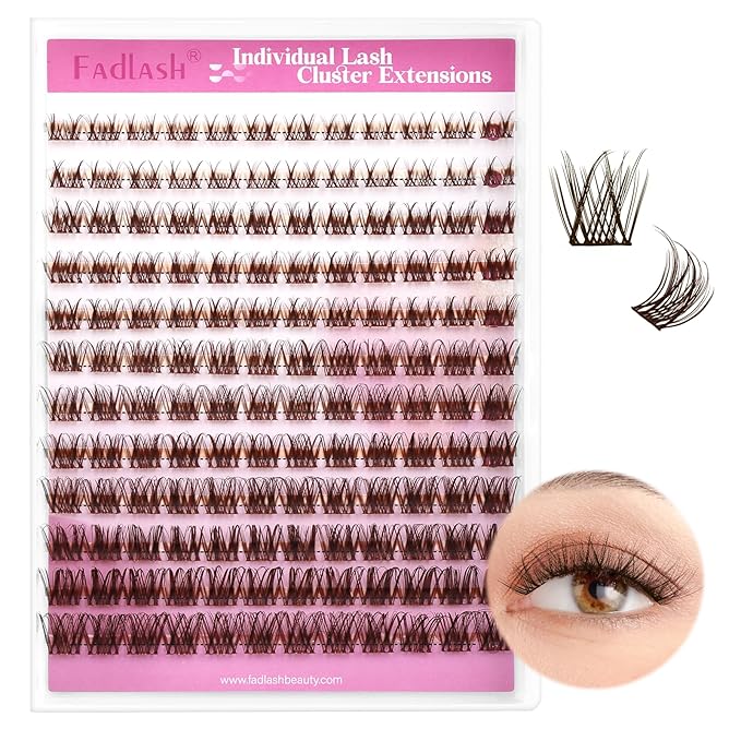 FADLASH Lash Clusters Brown Natural Eyelash Clusters DIY D Curl Cluster Eyelash Extensions with Soft Thin Band Reusable Individual Lashes for Self Use (R028, 8-16mm)
