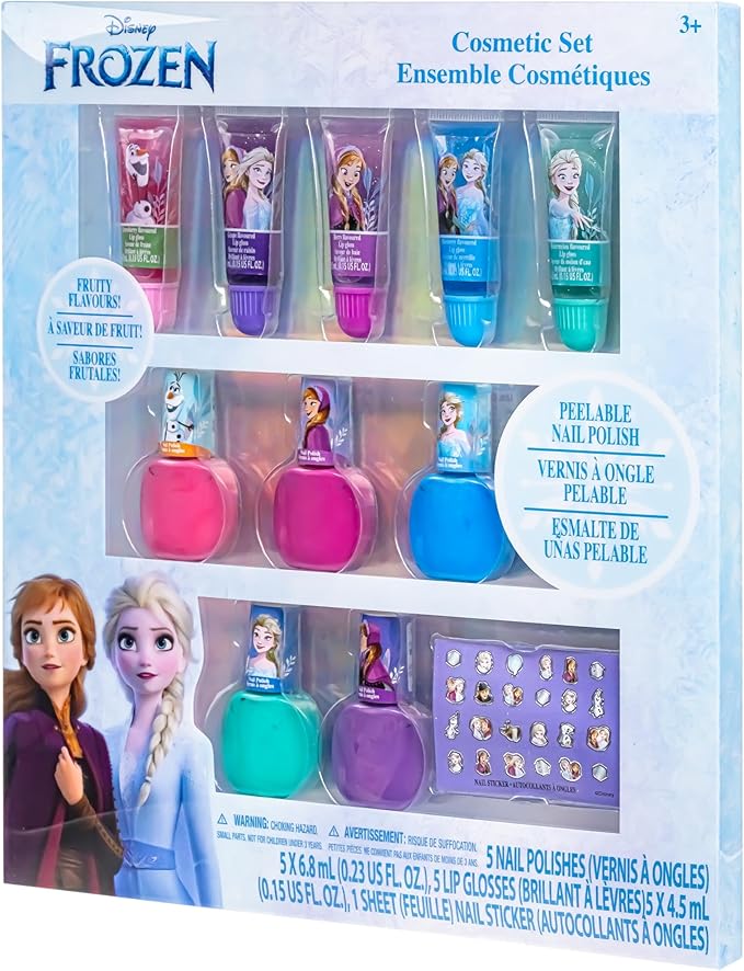 Disney Frozen 2 - Townley Girl Super Sparkly Cosmetic Makeup Set for Girls with Lip Gloss Nail Polish Nail Stickers - 11 Pcs|Perfect for Parties Sleepovers Makeovers| Birthday Gift for Girls 3 Yrs+