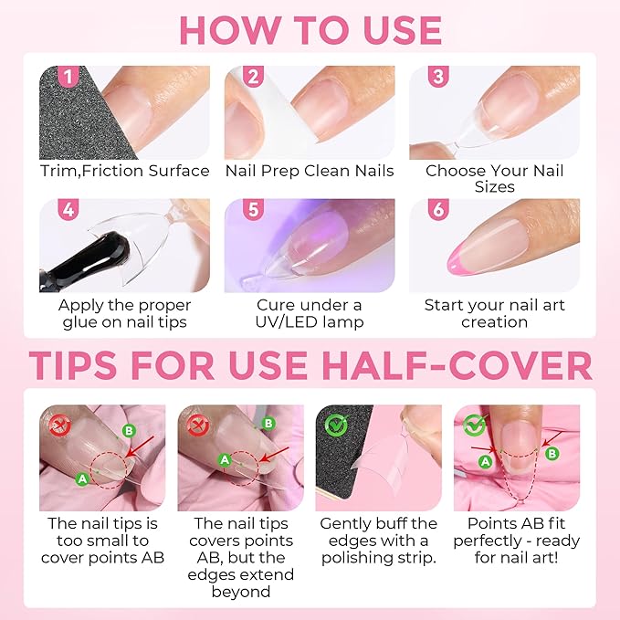 Short Almond Nail Tips: 360Pcs Half Cover Extra Short Almond Gel Nail Tips with Self-handle Pre Etched Fake Nails Tips for Nail Extension DIY Salon 12 Size