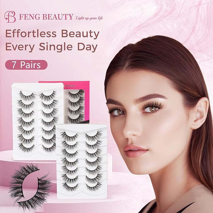 Fluffy Wispy Eyelashes 7 Pairs Natural Look Faux Mink Strip lashes, Lightweight D Curl Cat Eye Fake Lashes for Daily Wear, Reusable Eye Makeup Set