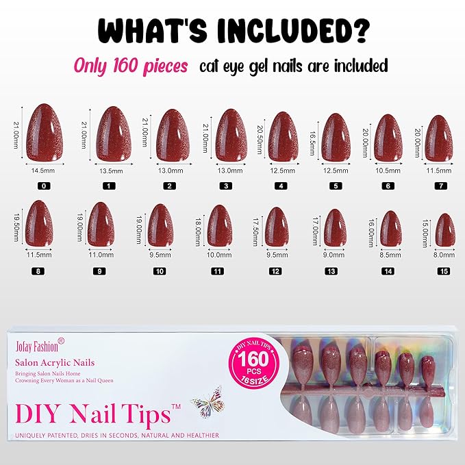 Almond Press On Nails Red Cat Eye - Short, Glue On False Nails, Stick On in 16 Sizes - 160PCS Soft Gel Fake Nails Kit for Valentine's Day Gift
