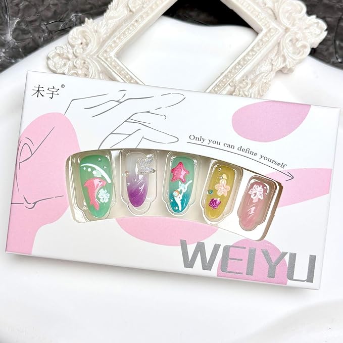 30Pcs Ocean Press On Nails Medium Almond Fake Nails with 3D Butterfly Pearl Flower Starfish Design Aurora Bead Mermaid False Nails Colorful Ombre Shell Stick on Nails for Summer Manicure