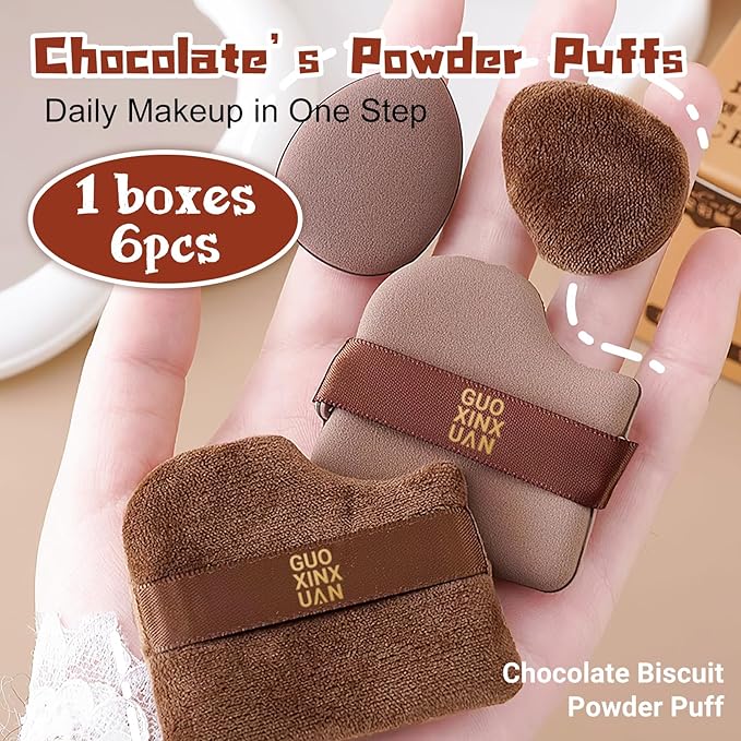 2 Box Guoxiaoniu Chocolate Color Quick Makeup Foundation Puff Set,Sponge Air Cushion Powder Puff,Mini Powder Puff Collection (1 Box of 6 PCs)