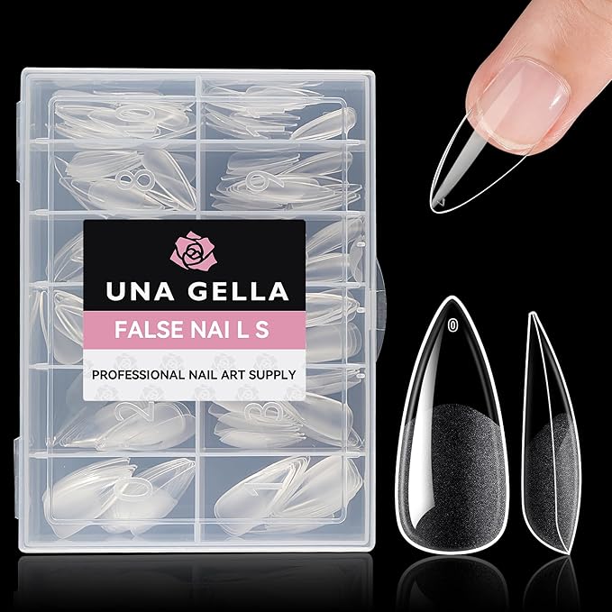 UNA GELLA Medium Stiletto Gel Nail Tips Halloween Full Cover 216Pcs Almond Shape Nails Tips Stiletto Pre etched Soft Gel Nails Tips Clear Fake False Nail Tips For Home Art Salon 12 Sizes