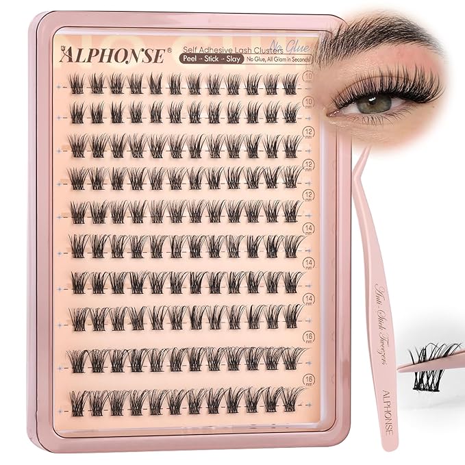 Self Adhesive Eyelashes Natural Lash Clusters No Glue Needed Eyelash Clusters 10-16mm Self Adhesive Cluster Eyelash Extensions 120pcs Press on Individual Lashes with Anti-Stick Tweezer by ALPHONE