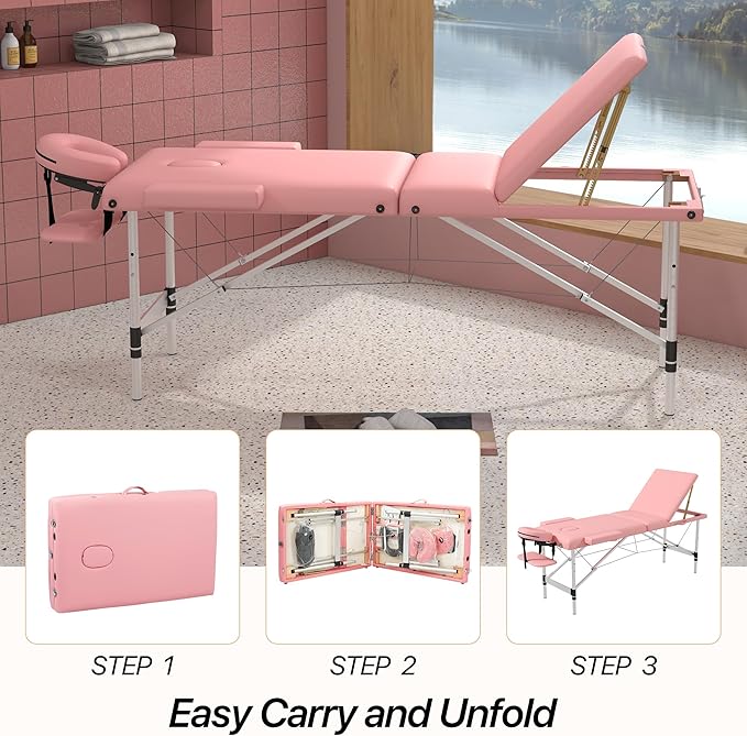Massage Table Massage Bed, Portable 3 Section Foldable Tattoo Bed, Height Adjustable Lash Spa Bed with Face Cradle, Home Light Weight Facial Salon Bed with Aluminum Frame, Light Pink