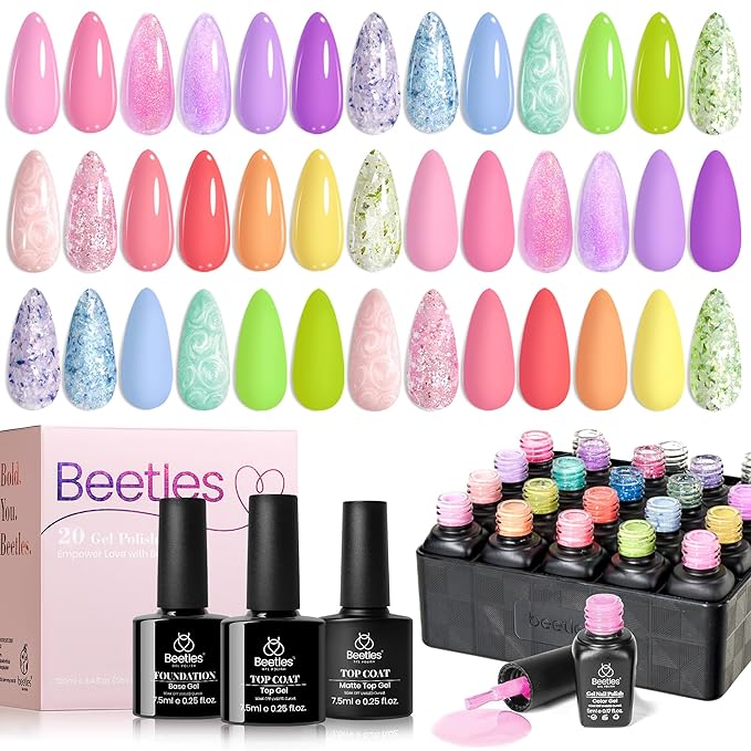 Beetles Gel Nail Polish Set - 28 Pcs Pastel Pink Yellow Green Blue Glitter Macaron Color Gel Polish Set Fluttered Eden Soak Off Nail Polish UV LED Nails Art Halloween Gifts for Women Girl