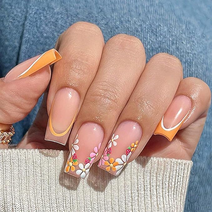 Medium Press on Nails Square Shape Cute Fake Nails with Flower Design Yellow French Tip False Nails Summer Glue on Nails for Women 24pcs