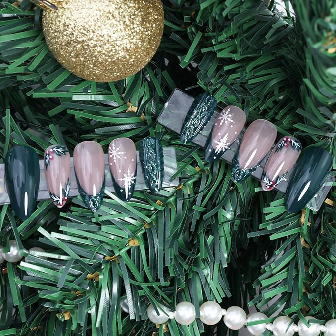 24Pcs Christmas Press on Nails Medium French Tip Fake Nails Winter Snowflake Acrylic Nail Xmas Holly Candy Design Cute Almond False Nail Green Full Cover 3D Christmas Glue on Nails Supplies for Women
