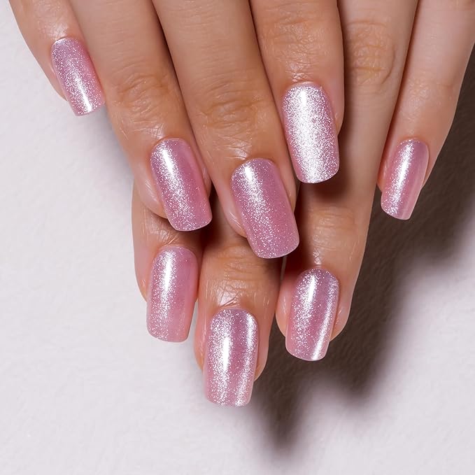 Curvlife Soft Gel Press on Nails, Shine Pink Cat Eye Square Nail Tips,30pcs Full Cover Glossy Design Reusable Fake Nails Kit with Glue and Adhesive Tabs
