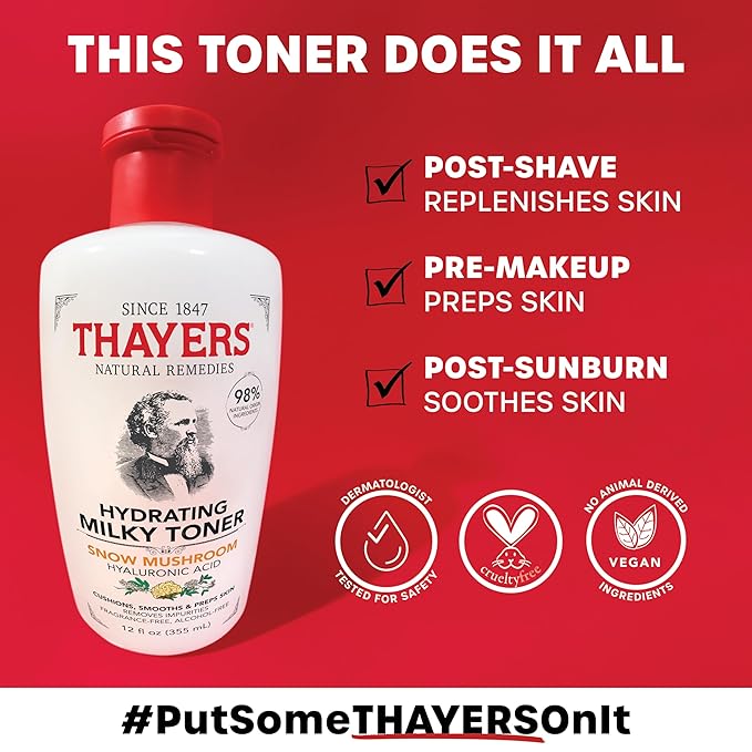 Thayers Milky Hydrating Face Toner with Snow Mushroom, Hyaluronic Acid and Elderflower, Dermatologist Recommended Gentle Alcohol Free Facial Skincare for Dry and Sensitive Skin, Paraben Free, 3 FL oz