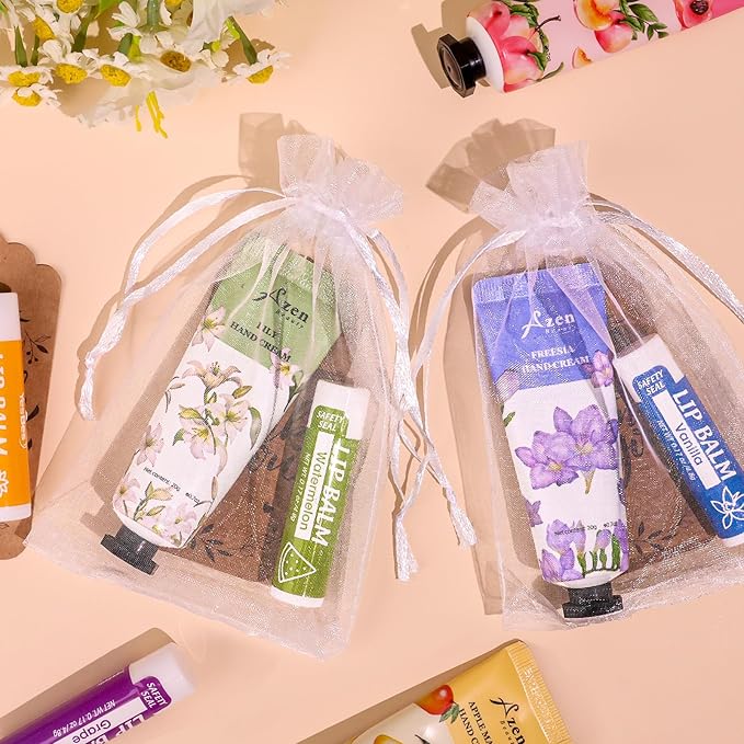 AZEN 32 Sets Bulk Gifts, Hand Cream and Lip Balm Bulk Set with Organza Bag Thank You Card, Baby Shower Wedding Gifts for Guests, Bridal Wedding Favors for Guests,Thank You Gifts for Women