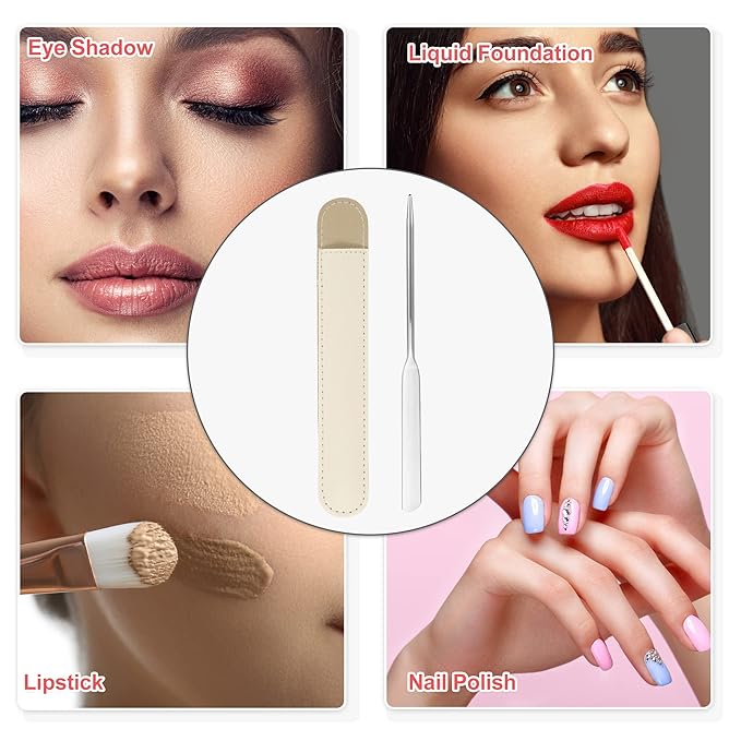 VOCOSTE 1 Set Stainless Steel Makeup Spatula, Liquid Foundation Spatula Tool with Faux Leather Case, Lipstick Nail Polish Mixing Palette Spatula, Beige
