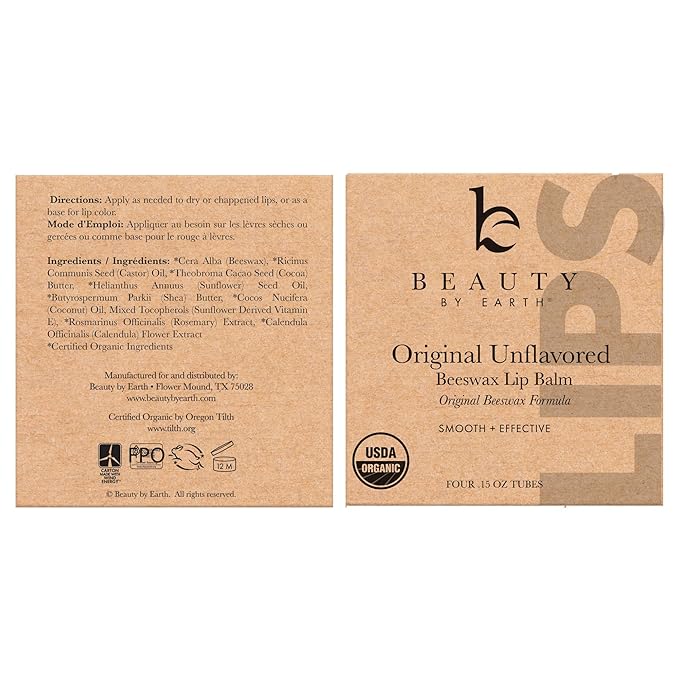 Organic Lip Balm - 4 Pack Unflavored Organic Gifts for Women, All Natural Lip Balm, Birthday Gifts for Her & Him, Lip Balm Hydrating Beauty Gifts, Lip Moisturizer, Mens Gift Ideas