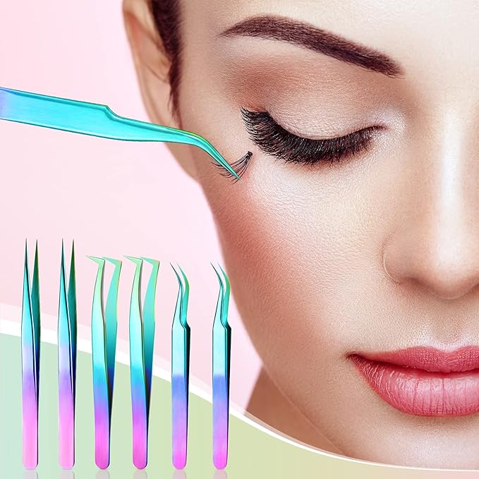 High Precision Lash Tweezers Set 6 Pack Stainless Steel Eyelash Extension Tweezers for Classic, Volume, Mega Volume Lashes, Facial Hair, Eyebrow, Hair Removal, Crafting Making(Rainbow)
