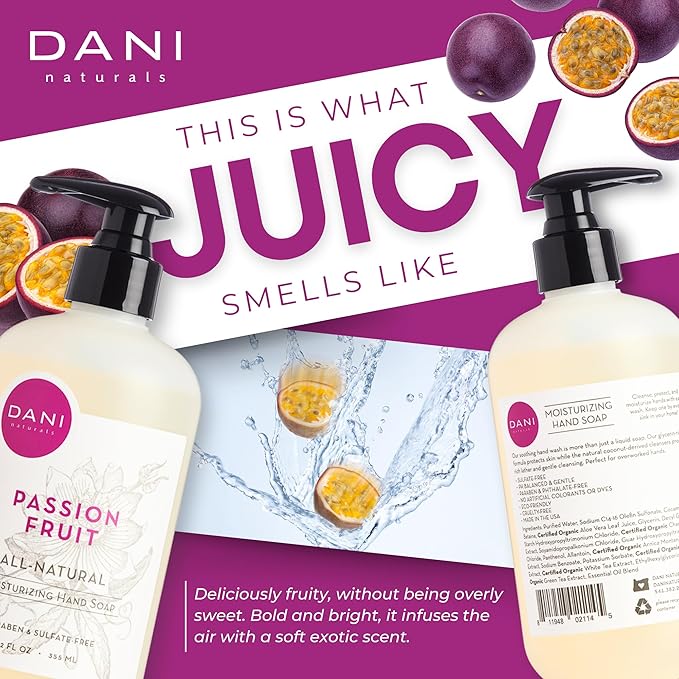 DANI Naturals Moisturizing Hand Soap - Passion Fruit Scent, Hydrating, Sulfate-Free & Paraben-Free, 12 Oz Bottle with Pump, Gentle Cleansing for Dry Skin