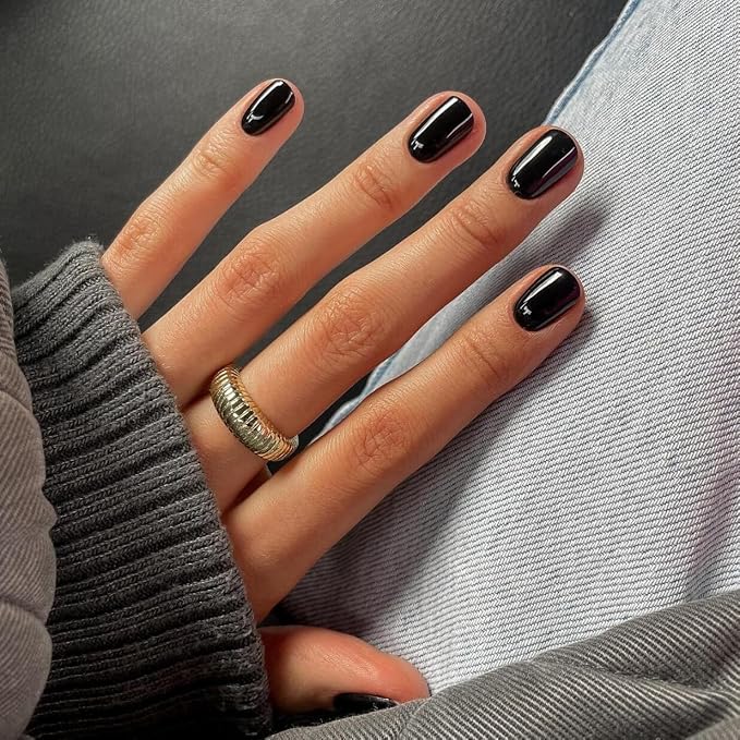 KQueenest Black Press on Nails Short Square, Glazed Gel Nails Press on Acrylic Nails Pure Color, Fake Nails Glue on, Petite Reusable Stick on Nail for Women Winter Decoration 24 Pcs