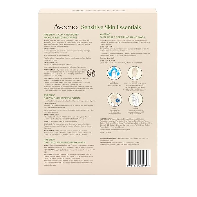 Aveeno Sensitive Skin Essentials Gift Set with Daily Moisturizing Lotion, Daily Moisturizing Body Wash, Calm + Restore Makeup Removing Wipes, & Skin Relief Repairing Hand Mask, 4 items