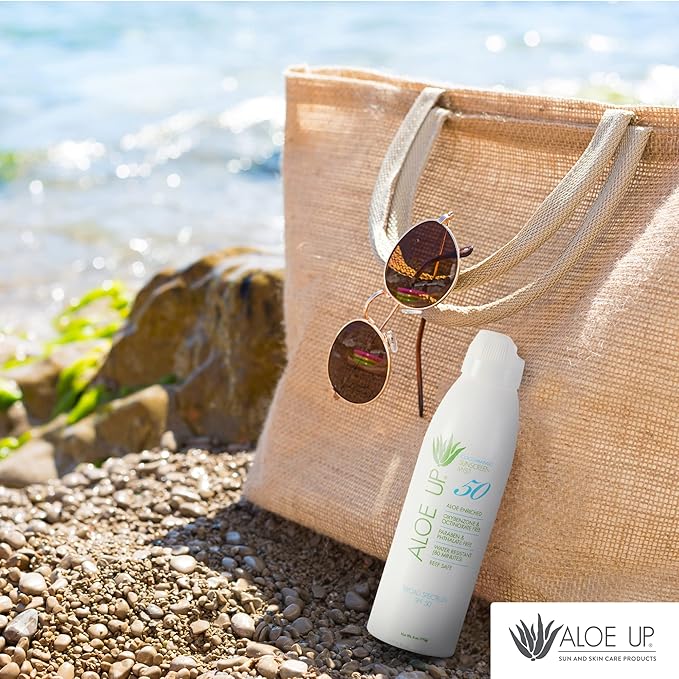 Aloe Up White Collection Continuous Sunscreen Spray SPF 50 Broad Spectrum UVA/UVB Sunscreen Protector for Face and Body with Moisturizing Aloe Vera Gel Reef Safe Coco Mango Fragrance 5.5 Fl. Oz