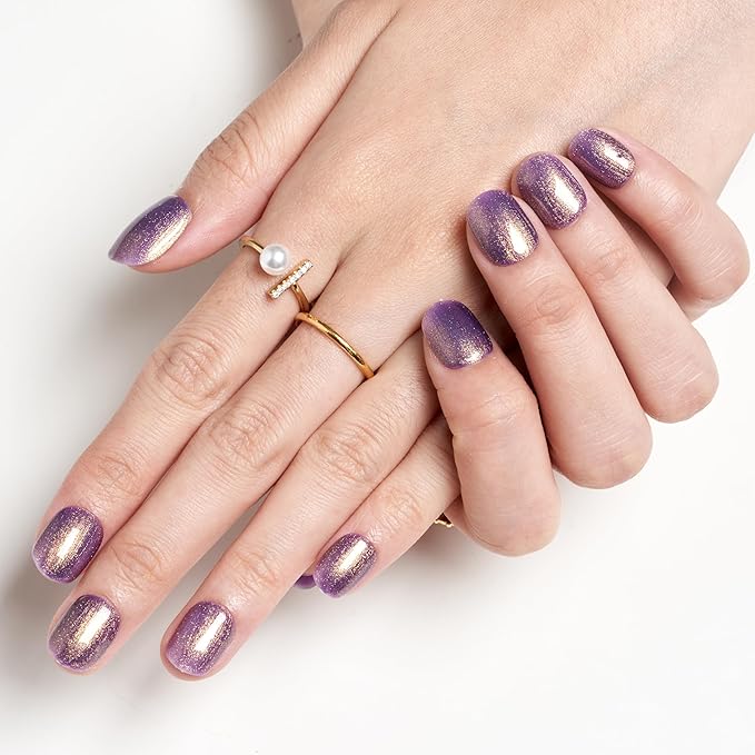 GLAMERMAID Extra Short Press on Nails 24PCS, Handmade Shimmer Purple Fall Gel Glue on Nails, Glossy Round Reusable UV Finish Fake Nails Acrylic False Nails Manicure Kits for Women