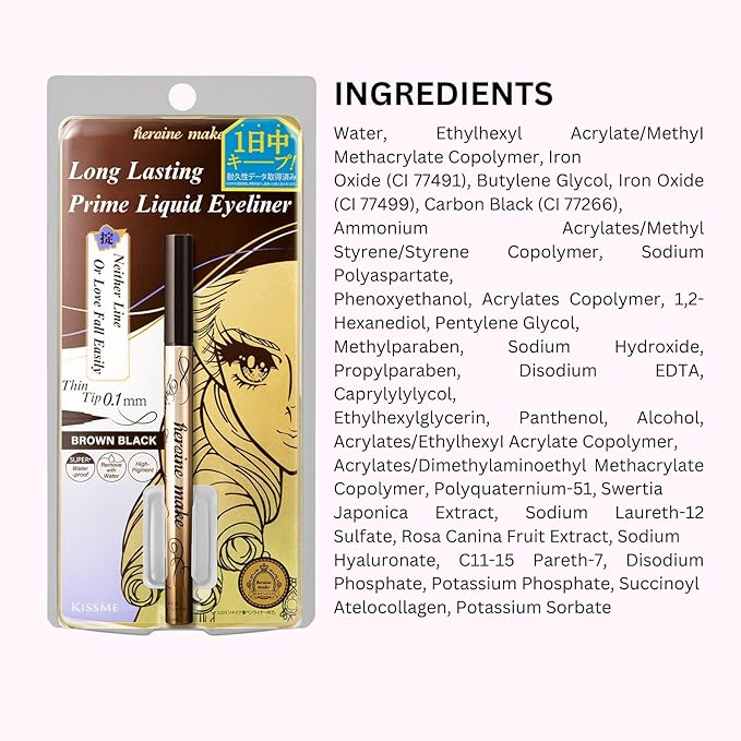 Heroine Make by KISSME Liquid Eyeliner Pen for Intense Color & Ultra-Fine 0.1mm Tip, Waterproof Eyeliner with Organic Beauty Serum, Cat Eye Liner for Long Lasting Eyelines, Brown Black, 1 EA, PRIME