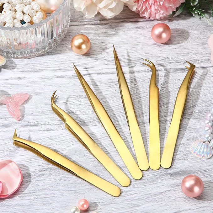 Mudder High Precision Lash Tweezers Set 6 Pack Stainless Steel Eyelash Extension Tweezers for Classic, Volume, Mega Volume Lashes, Facial Hair, Eyebrow, Hair Removal, Crafting Making (Gold)