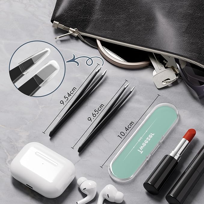 Tweezers for Women Facial Hair, Slant & Point Tip 2 Pack Eyebrow Tweezers for Men, Professional Tweezer Set Stainless Steel Precision Tweezers for Eyebrows, Splinter, Ingrown Hair Removal