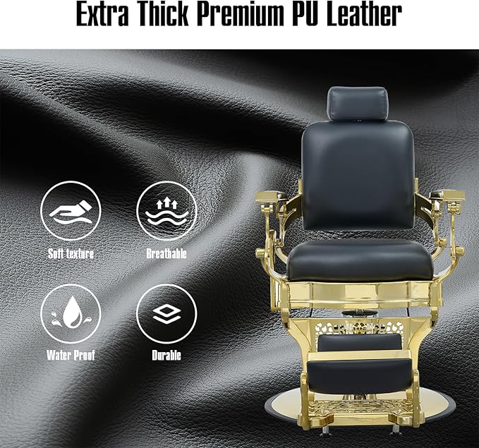 FRNIMAC Heavy Duty Barber Chair, All Purpose Vintage Style Mens Barber Chair Hydraulic Recline Salon Chair Barbershop Equipment for Beauty Spa Tatoo Massage, Weight Capacity 700lbs (Black-Golden)