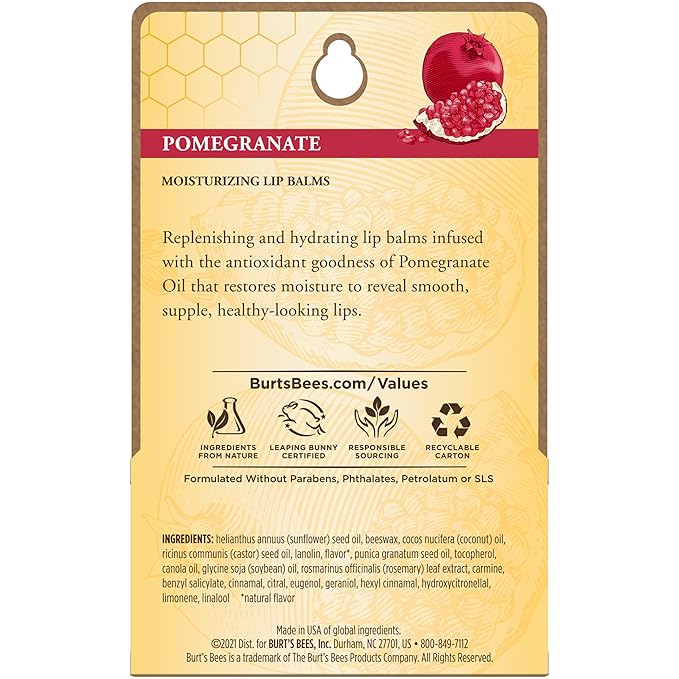 Burt's Bees Lip Balm - Pomegranate, Lip Moisturizer With Responsibly Sourced Beeswax, Tint-Free, Natural Origin Conditioning Treatment, 2 Tubes, 0.15 oz.