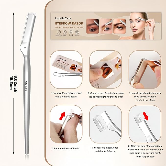 Stainless Steel Eyebrow Razor - Face Razors with Travel Cover & 10 Refill Blades, Eyebrow Brush - Help Exfoliate and Smooth Skin for Eyebrow, Leg, BIKINI, Facial, Beard Remove - L