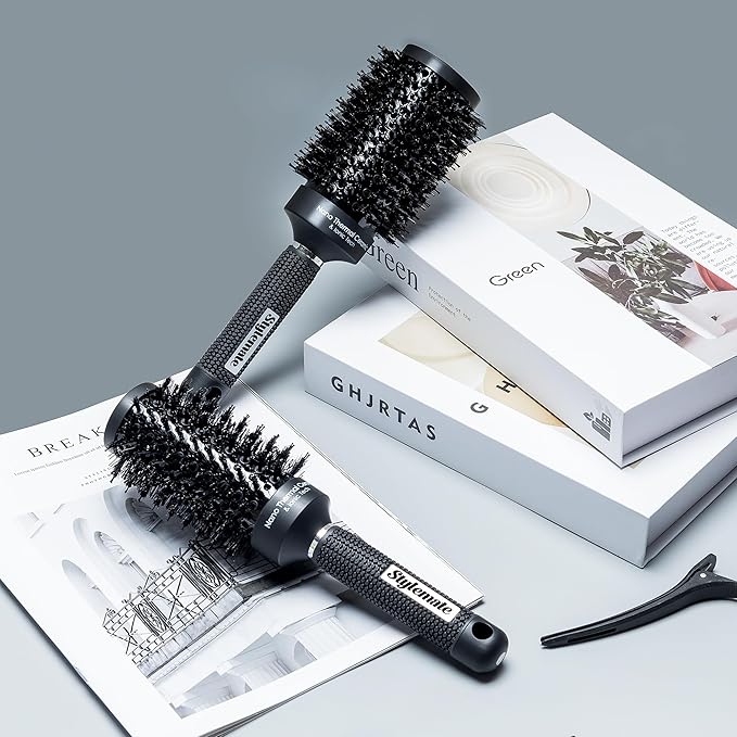 Round Hair Brush, (Barrel 1.3 inch, 32mm) Nano Thermal Ceramic & Ionic Tech Round Barrel Roller Hair Brush with Boar Bristles for Blow Drying-Black