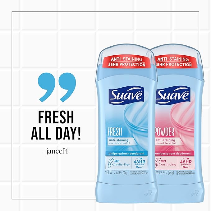 Suave Deodorant Women, Antiperspirant, Powder and Fresh Bundle, 48-Hour Odor & Wetness Protection, with Essential Oils, anti-staining, no baking soda Bundle 4 x 2.6 oz