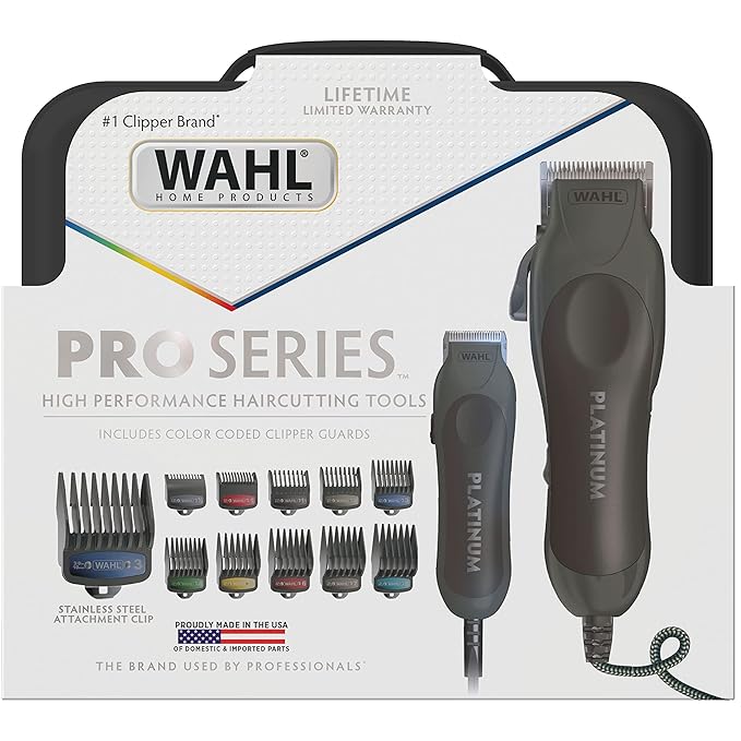 Wahl USA Pro Series Platinum Corded Clipper & Corded Trimmer for Home Haircutting with Color Coded Guide Combs – Model 79804-100