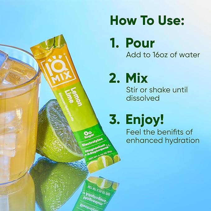 IQMIX Hydration Electrolyte Powder – 4-in-1 Formula for Hydration, Mental Clarity, Mood and Recovery – Sugar-Free Drink Mix, Keto, Magnesium L-Threonate, Lion’s Mane – 20 Count Lemon Lime