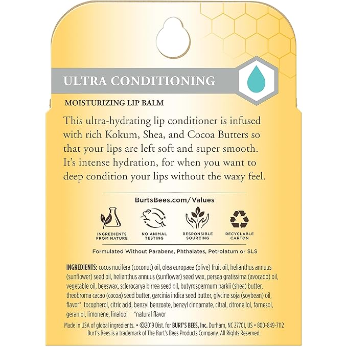 Burt's Bees Lip Balm Stocking Stuffers, Moisturizing Lip Care Christmas Gifts for All Day Hydration, Ultra Conditioning with Shea, Cocoa & Kokum Butter, 100% Natural (4-Pack)