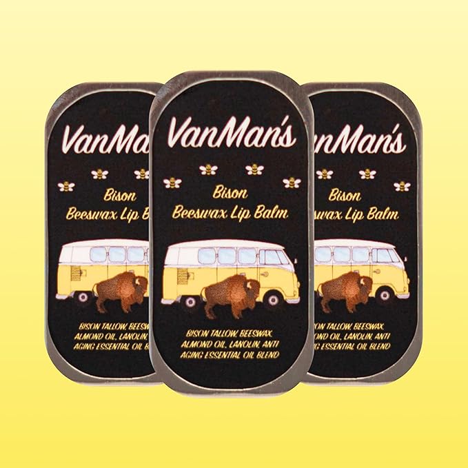 VanMan Beeswax Lip Balm Tin – Organic Bison Tallow Balm with Grass-Fed and Finished Tallow, Sweet Almond Oil, Lanolin, and Beeswax – Hydrating Lip Moisturizer – Bison – 3 Tin Pack