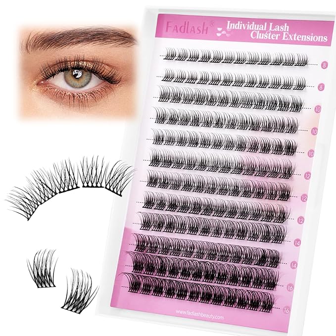 FADLASH Lash Clusters Natural Eyelash Clusters DIY D Curl 8-16mm Cluster Eyelash Extensions with Soft Thin Band Reusable Individual Lashes for Self Use (R021, 8-16mm)