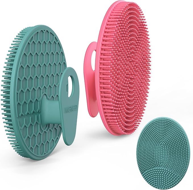 INNERNEED Food Grade Silicone Body Scrubber Gentle Exfoliating Brush for Women Men Deep Clean for All Skin Types, More Hygienic and Well Lather (Dark Green+Pink)