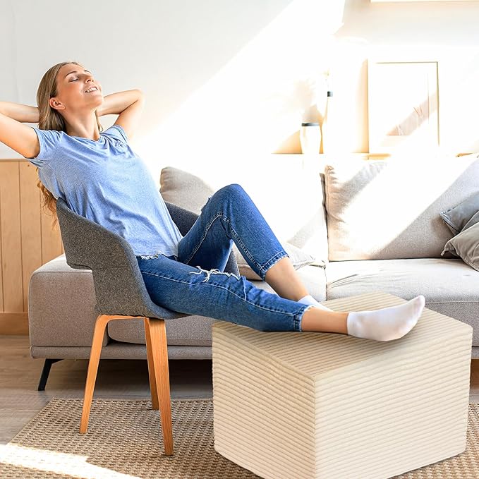 Rectangular Stuffed Pouf Ottoman with Foam Chunk Filling, Coral Fleece and Furry Fabric Design, Multi-Functional Floor Pouf for Living Room, Beige