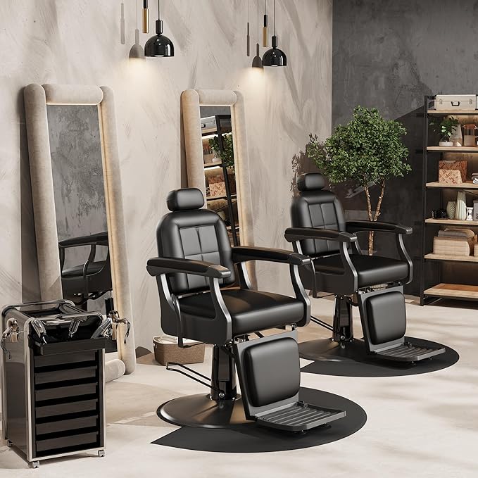 Baasha Black Heavy-Duty Barber Chair, Reclining Professional Salon Chair with Adjustable Headrest & Comfort Padding, 550 lbs Capacity
